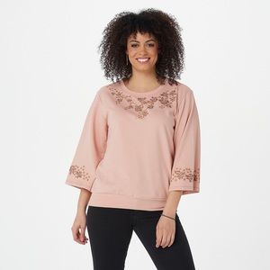 The Muses Closet Embroidered Bell Sleeve Knit Top -  rosewood (1X) a393711